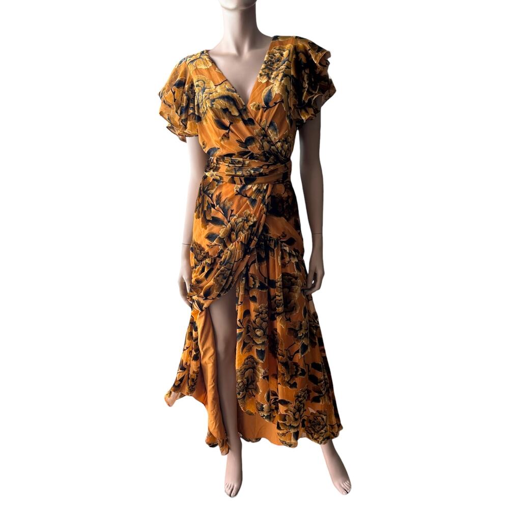 Hutch Zola Velvet Maxi Dress Gold Floral Burnout Wrap Romantic Anthropologie - Picture 2 of 14